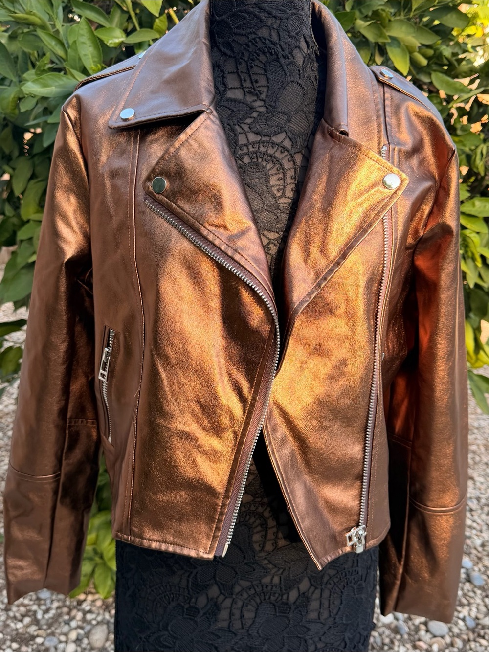 NWOT Metallic Bronze Women's Faux Leather Moto Jacket by 7 For All Mankind